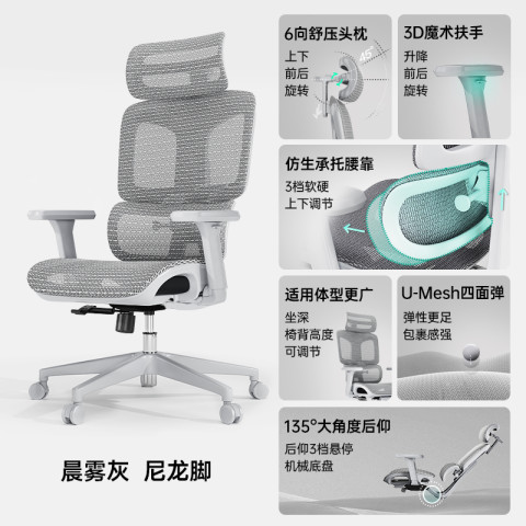 Everseat Flex6 Pro 人体工学电脑椅 晨雾灰 尼龙脚 6D扶手 重力感应底盘 四面弹特网 518元（需用券）