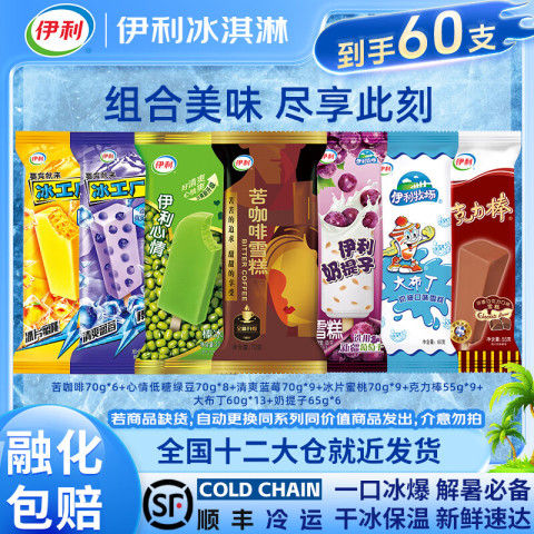 伊利 冰淇淋家庭超值组合大布丁苦咖啡冰工厂组合装60支 60支（3905g） 119.9元（需用券）