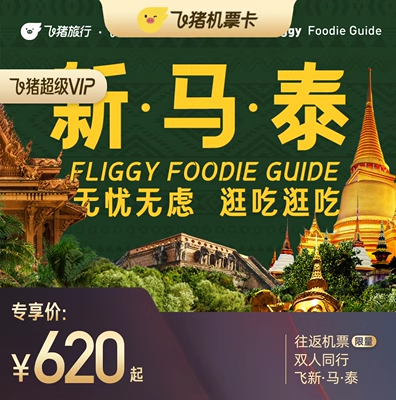 【超级VIP】飞猪美食机票卡系列双人往返东南亚机票卡吃遍新马泰